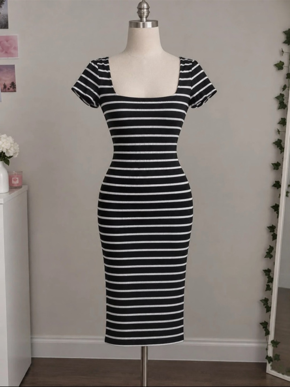 Heart Hips Black and White Striped Square Neck Midi Dress